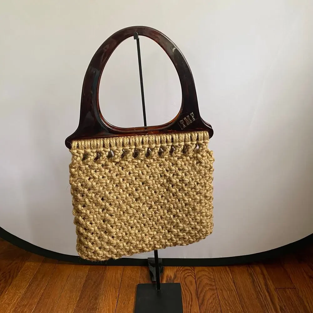Vintage Macrame Beige Woven Handbag With Bakelite Lucite Handles Handmade Boho